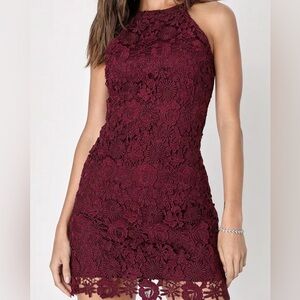 LULUS Love Poem Burgundy Lace Halter Mini Dress